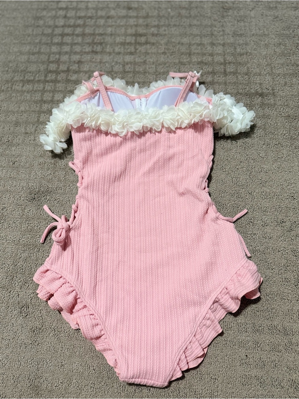 Miu Miu Pink Ribbed One-Piece with White Floral Trim and Ruffle Hem - Picture 4 of 4